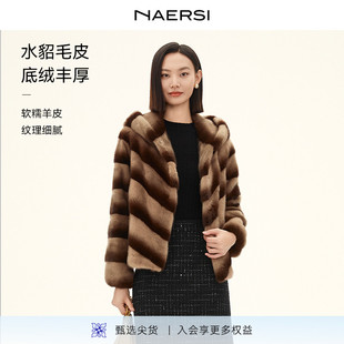 新款 连帽2025年冬季 娜尔思绵羊皮革外套时尚 简约百搭 水貂毛皮