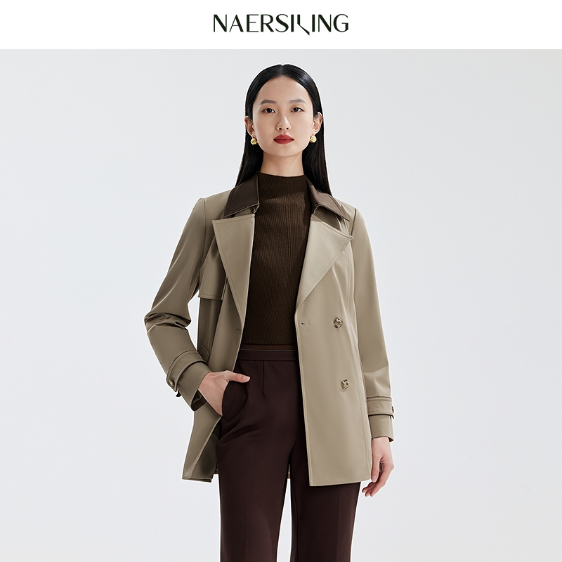 NAERSI/娜尔思时尚翻领双排扣风衣2026年春季新款女简约百搭外套
