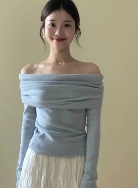 2025秋冬新款高级感法式小众蓝色甜美一字肩漏锁骨漏肩针织衫