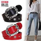 牛仔裤 真皮皮带女士水钻装 饰纯二层牛皮简约百搭韩国时尚 带宽腰带