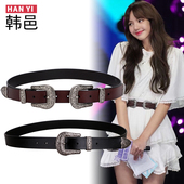 百搭装 腰带女网红同款 女士皮带真皮双头扣纯牛皮黑韩国简约时尚 饰