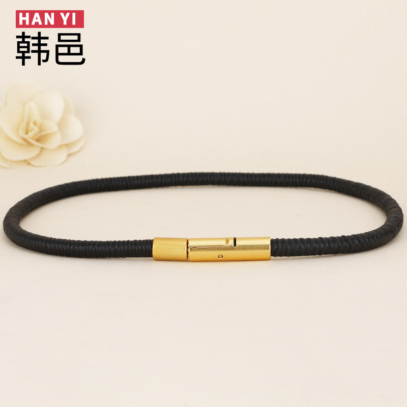 真皮羊皮松紧腰链配连衣裙子腰带女高级感装饰女款细款皮带时尚黑