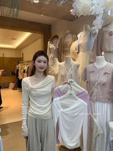 GS2024春秋新款纯欲打结斜领针织衫女设计感短款纯色修身长袖上衣