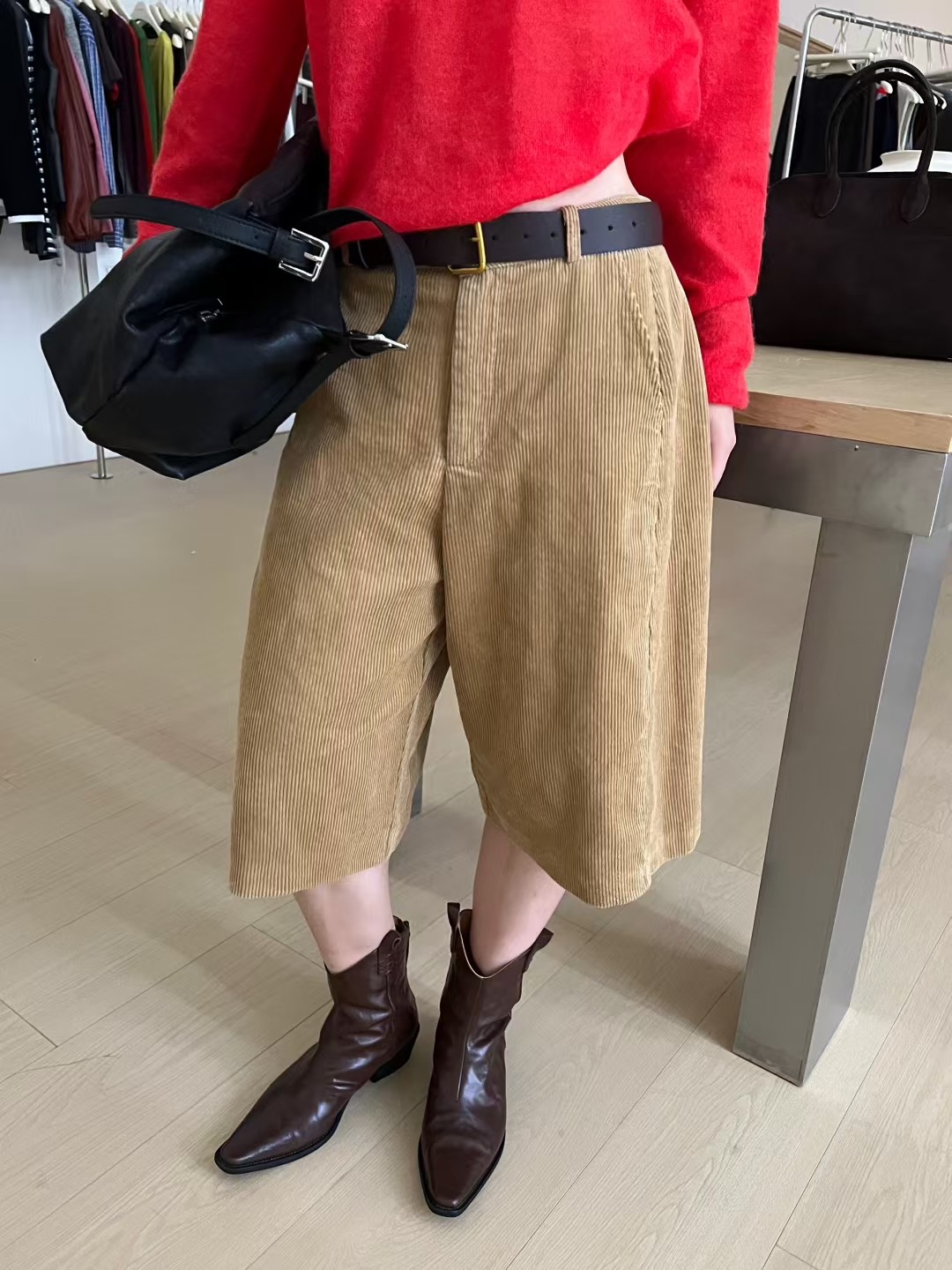 欧洲站灯芯绒阔腿7分裤皮带休闲