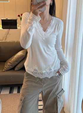 欧洲站高货V领蕾丝拼接针织衫2026早春新款时尚百搭显瘦打底上衣