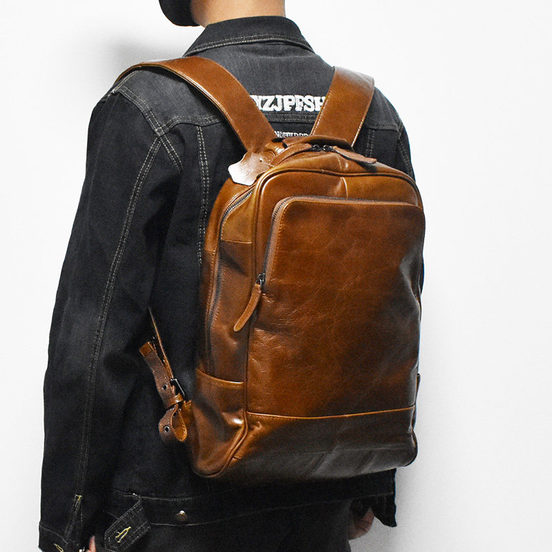 简约真皮双肩包男复古头层牛皮旅行背包时尚潮流商务15.6寸电脑包