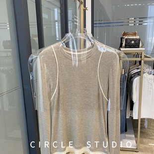 舒适无束缚 天丝羊毛圆领长袖针织T设计感撞色T恤套头打底上衣女