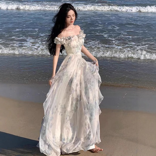 荷叶边沙滩连衣裙氛围感长裙飘逸仙女范 海边度假风吊带裙纱法式
