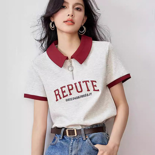 R3236美式 运动复古半拉链T恤女小衫 撞色POLO领印花上衣设计感夏装