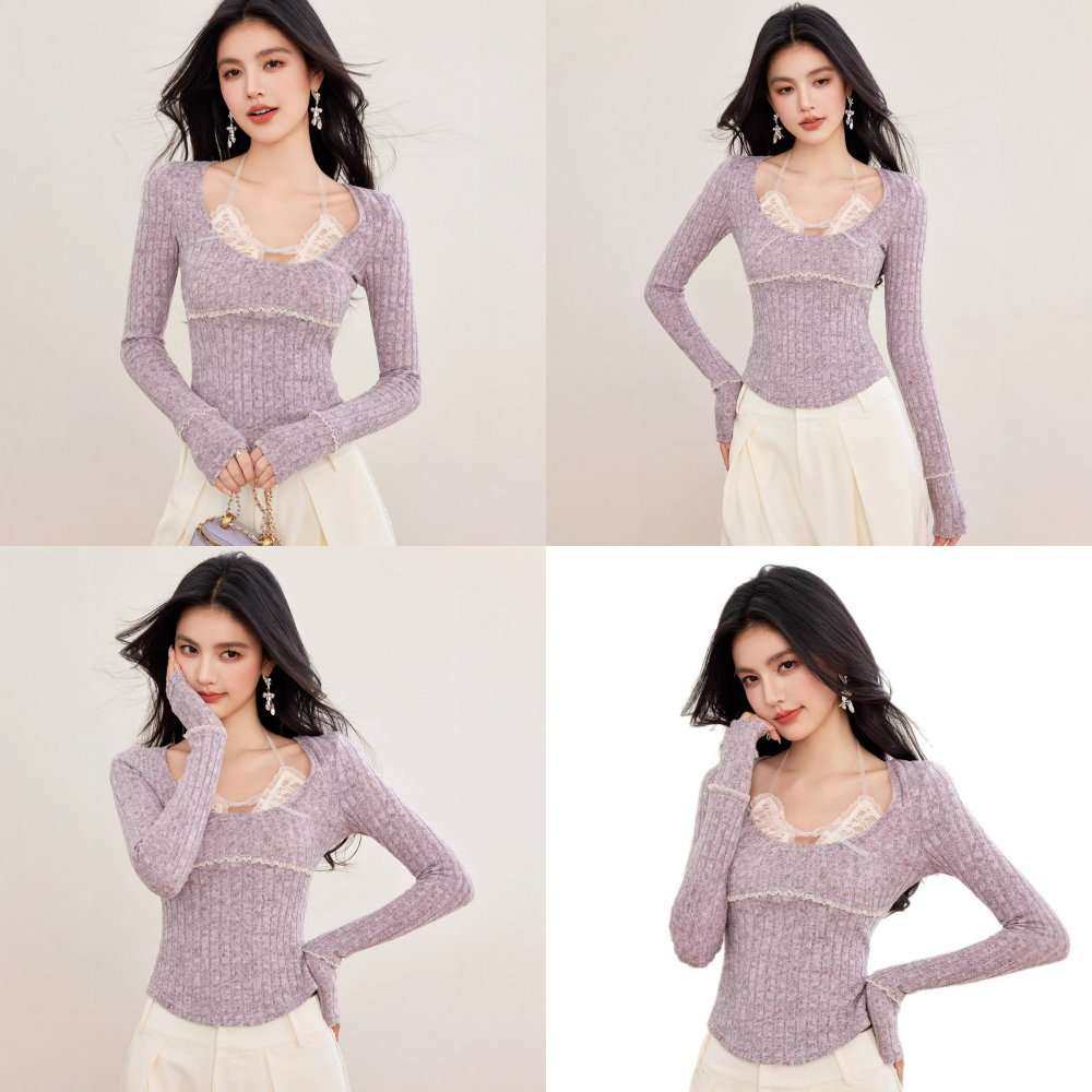 R3893修身紫色假两件挂脖针织衫女不规则小个子打底衫长袖上衣