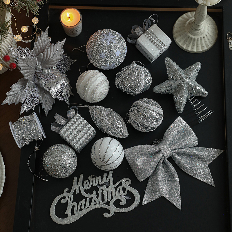 新品银色粘粉亮光ins挂件圣诞球橱窗挂饰装饰吊球圣诞节装饰品