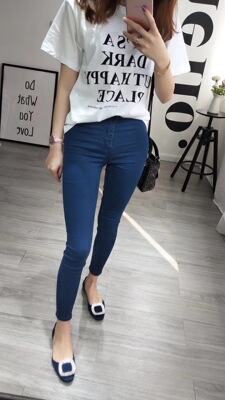 高腰深蓝色大码百搭牛仔裤小脚裤