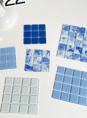 创意蓝色马赛克水晶玻璃纯手工方形杯垫隔热垫摆拍ins