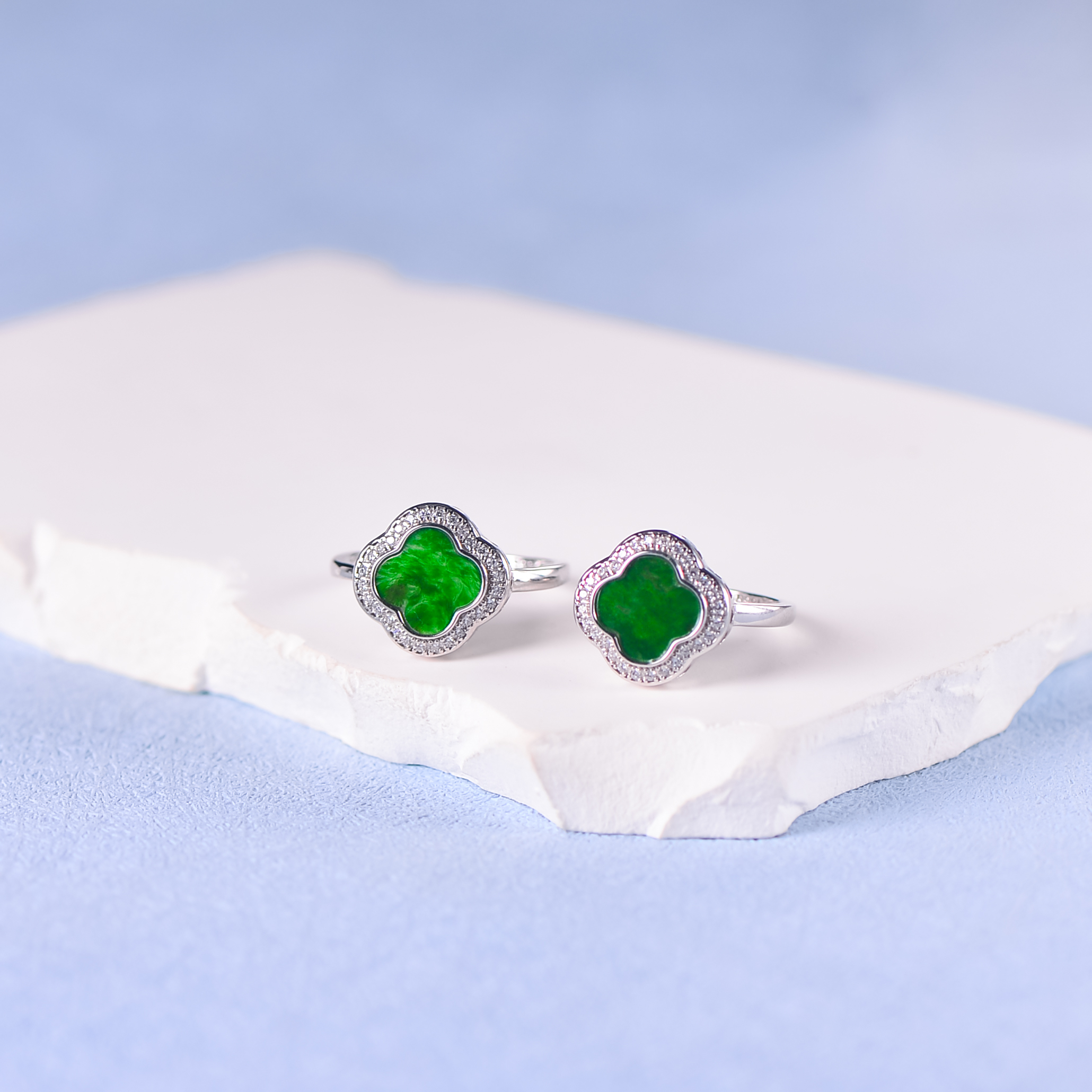 【翠禧珠宝】天然A货翡翠幸运四叶草戒指925银镶女士时尚轻奢首饰