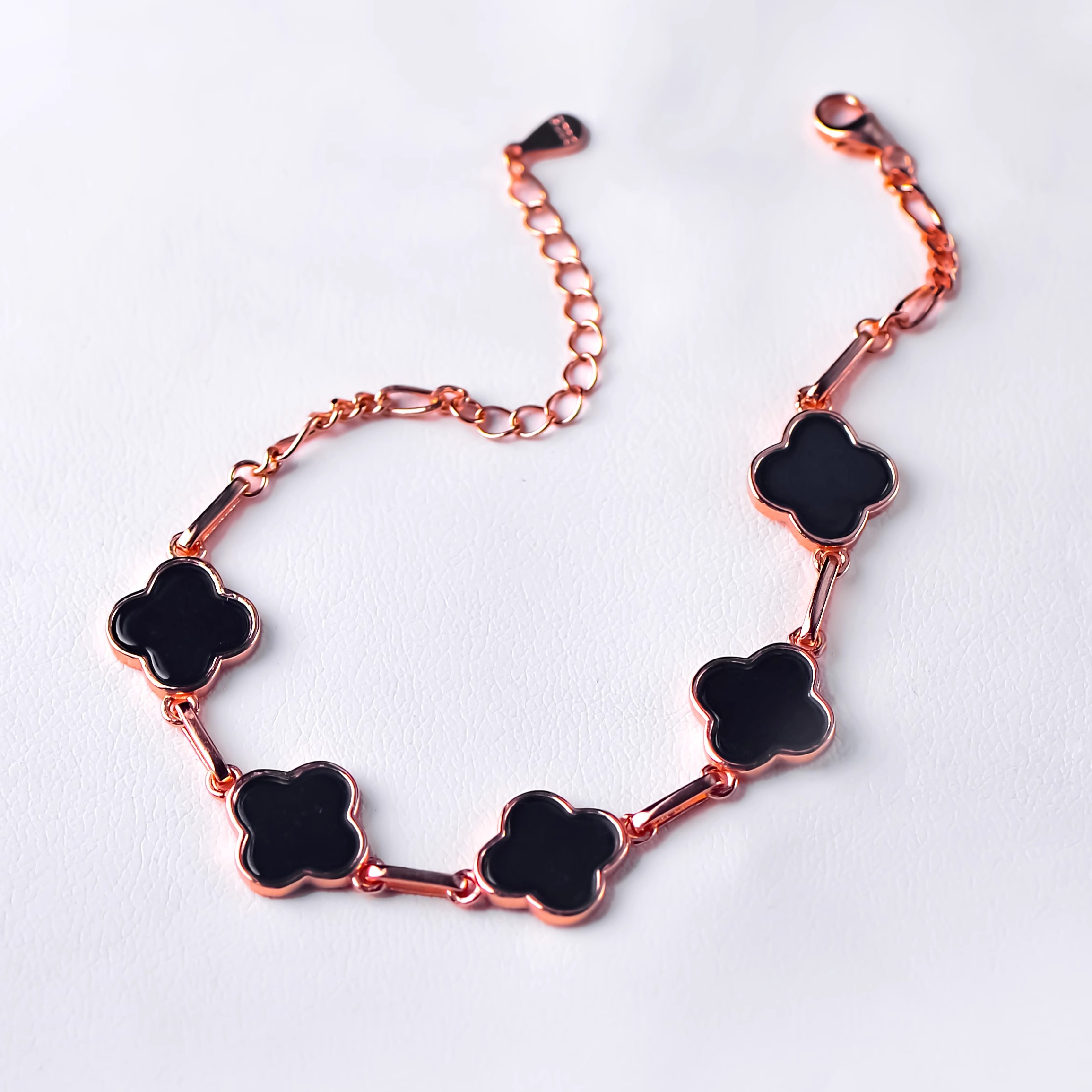 【翠禧珠宝】天然A货翡翠墨翠S925银镶嵌四叶草手链女士时尚首饰