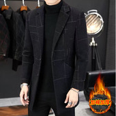 毛呢大衣男士 西装 中长款 修身 领呢子风衣服 格子外套加棉韩版 秋冬季