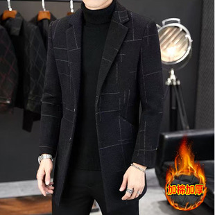 秋冬季毛呢大衣男士中长款格子外套加棉韩版修身西装领呢子风衣服