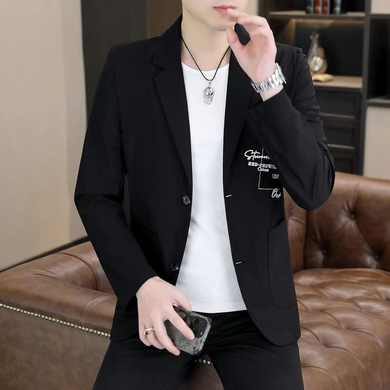 男士冰丝刺绣休闲黑色西装夏季薄款修身青年西服冰感单西防晒外套