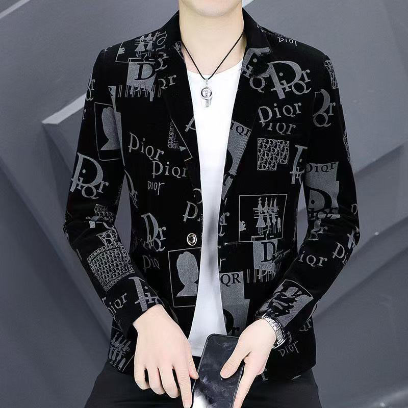 休闲西服男2025春秋季新款韩版潮流修身印花时尚男士西装外套上衣