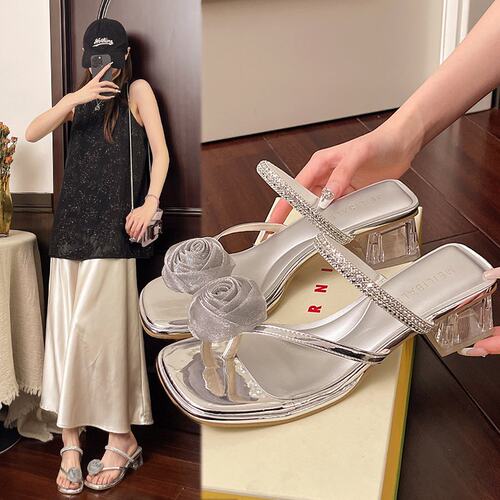 仙女风花朵套趾凉拖鞋女夏季外穿2026新款气质粗跟高跟夹趾凉鞋子