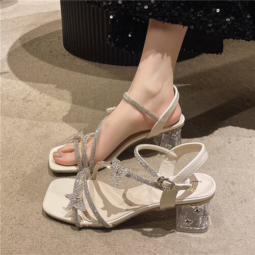 凉鞋2025外穿绝美配裙子水晶气质法式夏季新款粗跟高跟鞋女