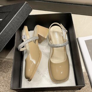 水钻后空粗跟一字带单鞋 包头凉鞋 仙女风玛丽珍鞋 2025年新款 女夏季