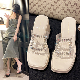 女外穿2024夏新款 拖鞋 时尚 百搭厚底高跟鞋 一字拖水钻半拖鞋 凉拖鞋