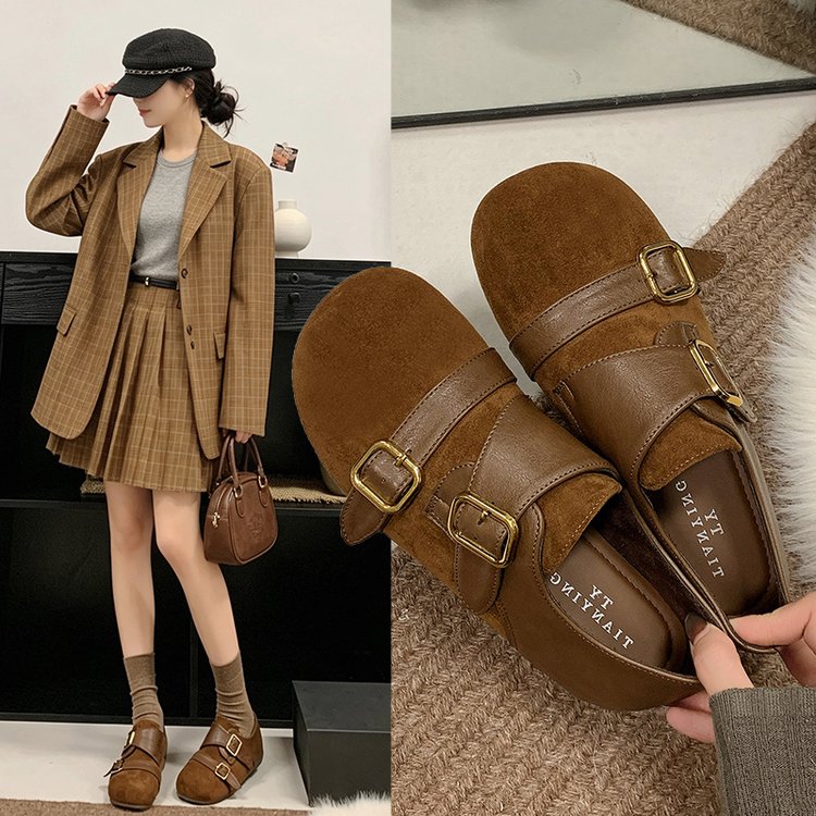 厚底内增高勃肯鞋女2026秋冬季新款圆头皮带扣一脚蹬乐福鞋懒人鞋