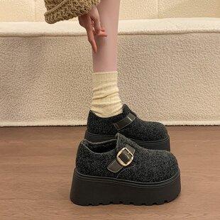 厚底一脚蹬乐福鞋女2026冬季新款加绒毛呢轻便增高保暖超火勃肯鞋