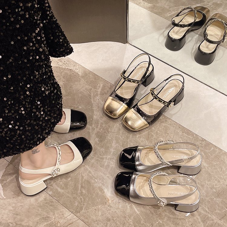 2025春季新款玛丽珍女鞋法式高跟单鞋拼色方头粗跟包头后空凉鞋女