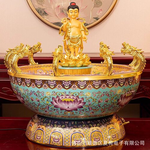 浴佛盆套装太子佛实木圆形底座鎏合金工艺九龙喷水八吉祥图案