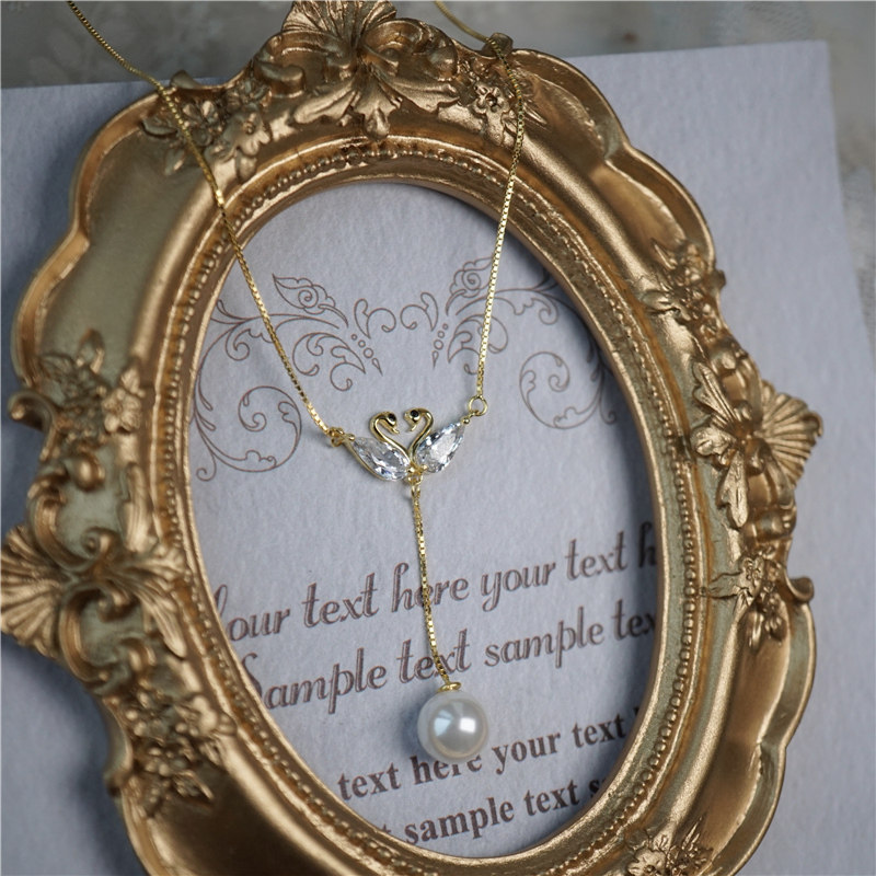 s925纯银简约气质双天鹅人造珍珠吊坠项链百搭锁骨链精致礼物