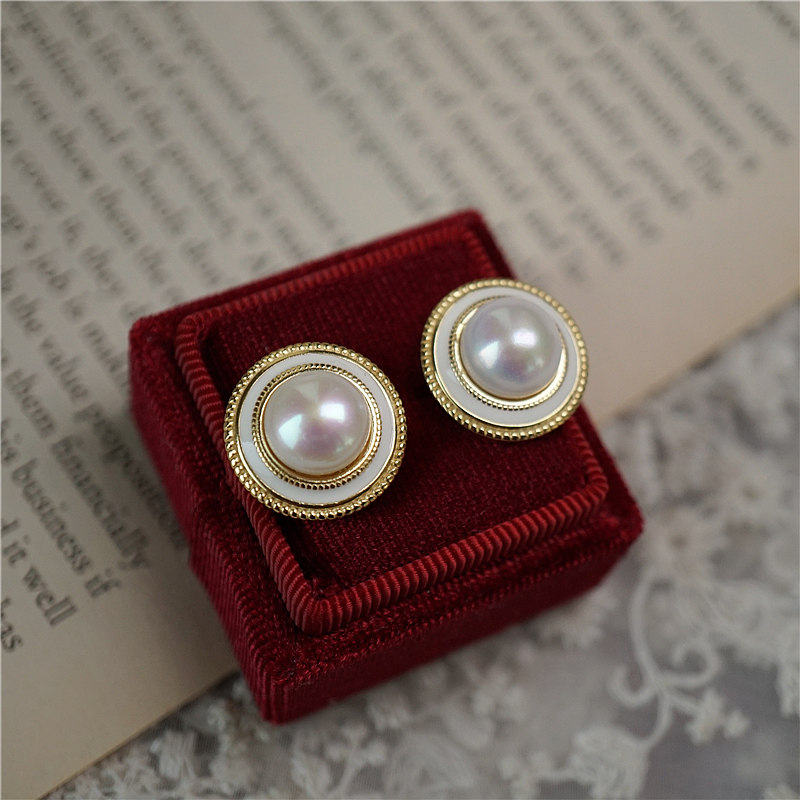 日式轻奢复古宫廷风s925纯银天然淡水珍珠雕花圆盘配旗袍耳饰