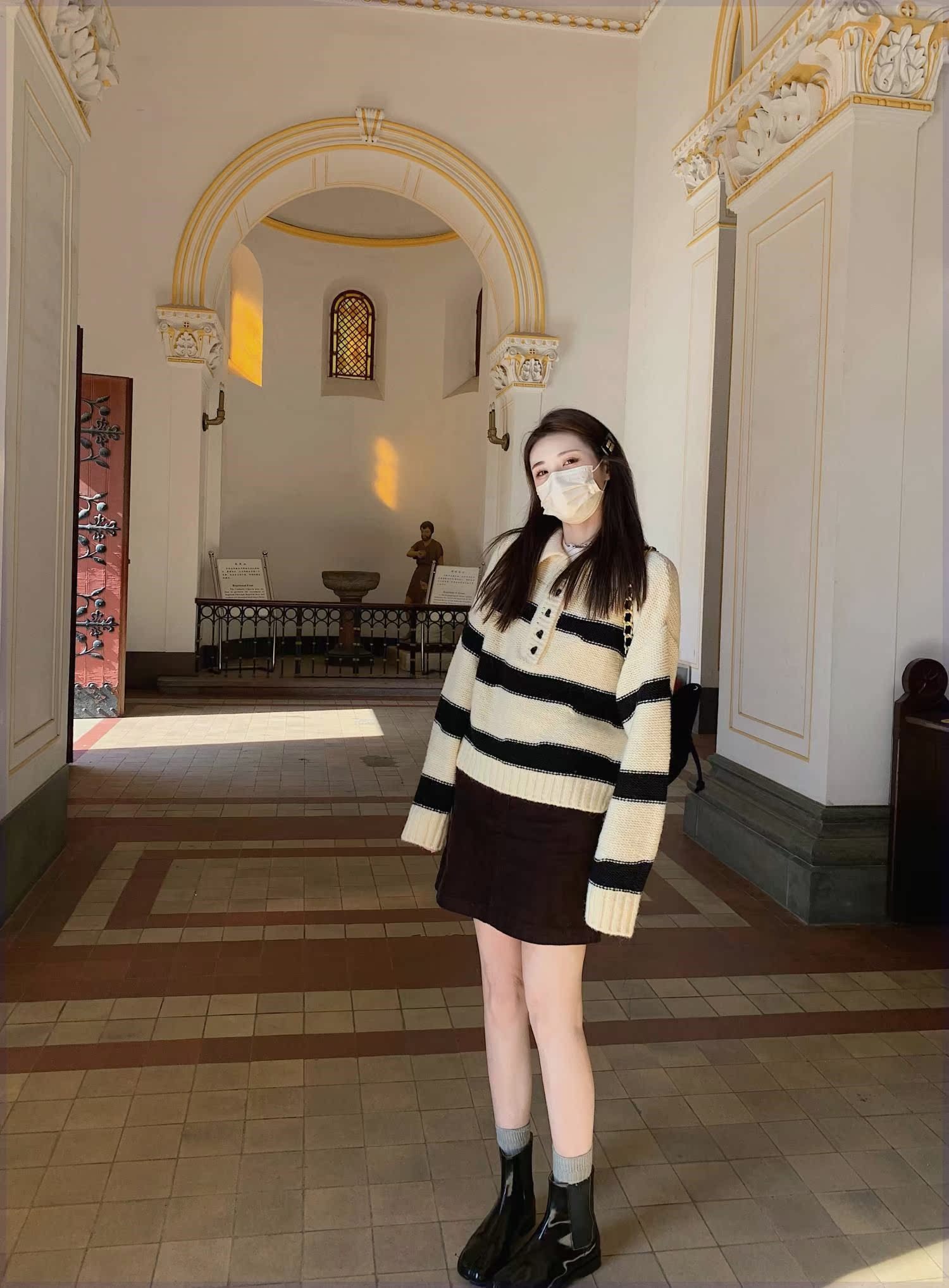 aaaaxbbb 道尔蒂手信 爱心扣翻领条纹针织宽松羊毛毛衣韩系女上衣