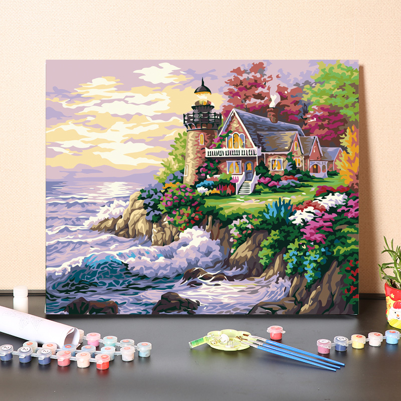 数字油画diy填色海边别墅风景画