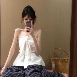 法式 甜美风白色蝴蝶结绑带抹胸背心女夏季 荷叶边