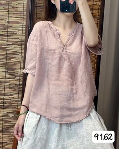 2024夏新款高品质纯苎麻短袖包边衬衫女宽松显瘦百搭上衣薄款衬衣