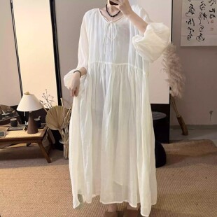 晓莲夏季纯色毛边圆领宽松苎麻五分袖连衣裙女海边度假风慵懒洋气