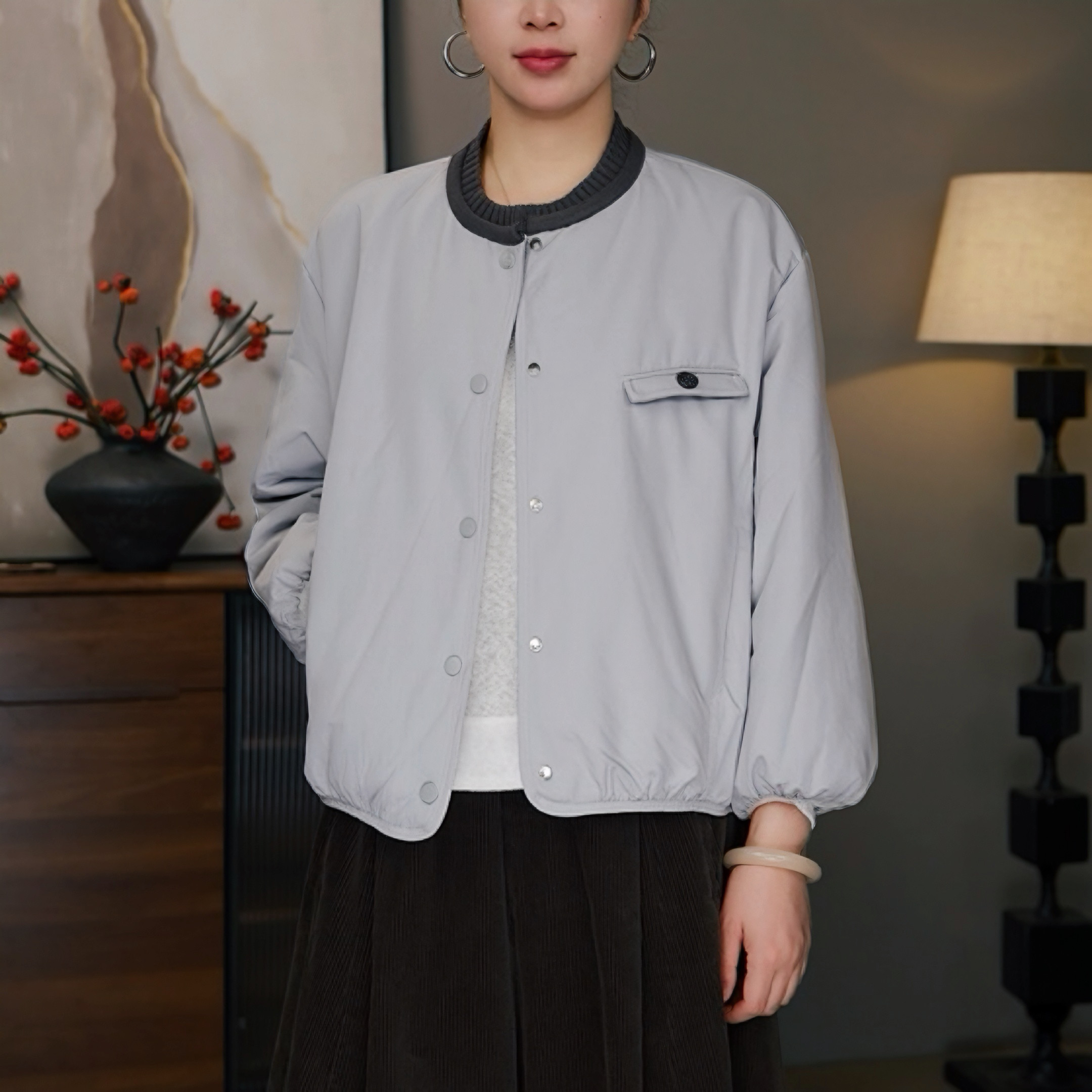 2026文艺简约秋冬圆领针织拼色轻薄款棉服女时尚休闲百搭保暖外套