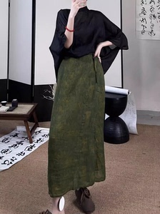 2024原创新款小众设计苎麻数码印花一片式半身裙系带裹裙高腰显瘦