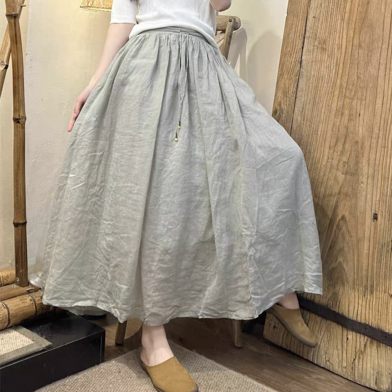 文艺原创高端百搭大摆裙夏飘逸文艺仙女裙100支细苎麻气质半身裙