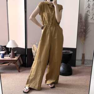 休闲夏季新款苎麻高级时尚短袖翻领一体衣宽松显瘦松紧腰连体裤女