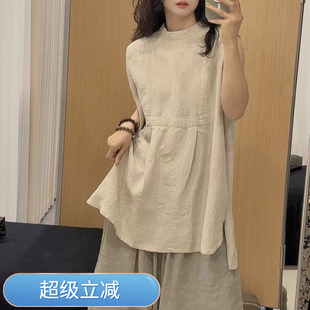 夏季复古文艺汉麻中长款无袖衬衫女士宽松百搭后背单排扣无袖上衣