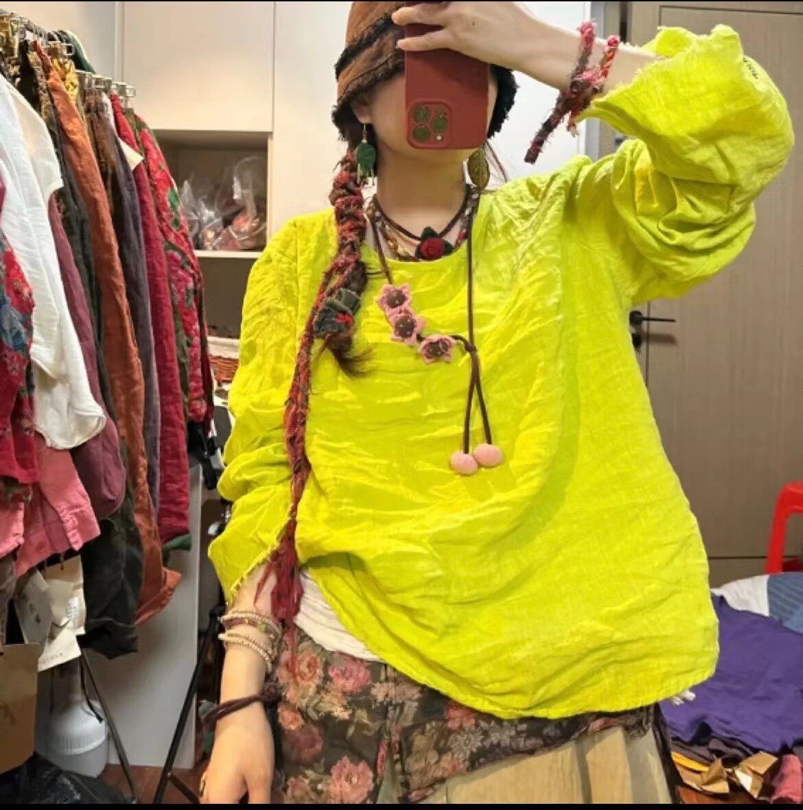 文艺设计原创复古简约圆领亚麻衬衫宽松落肩套头百搭毛边上衣女