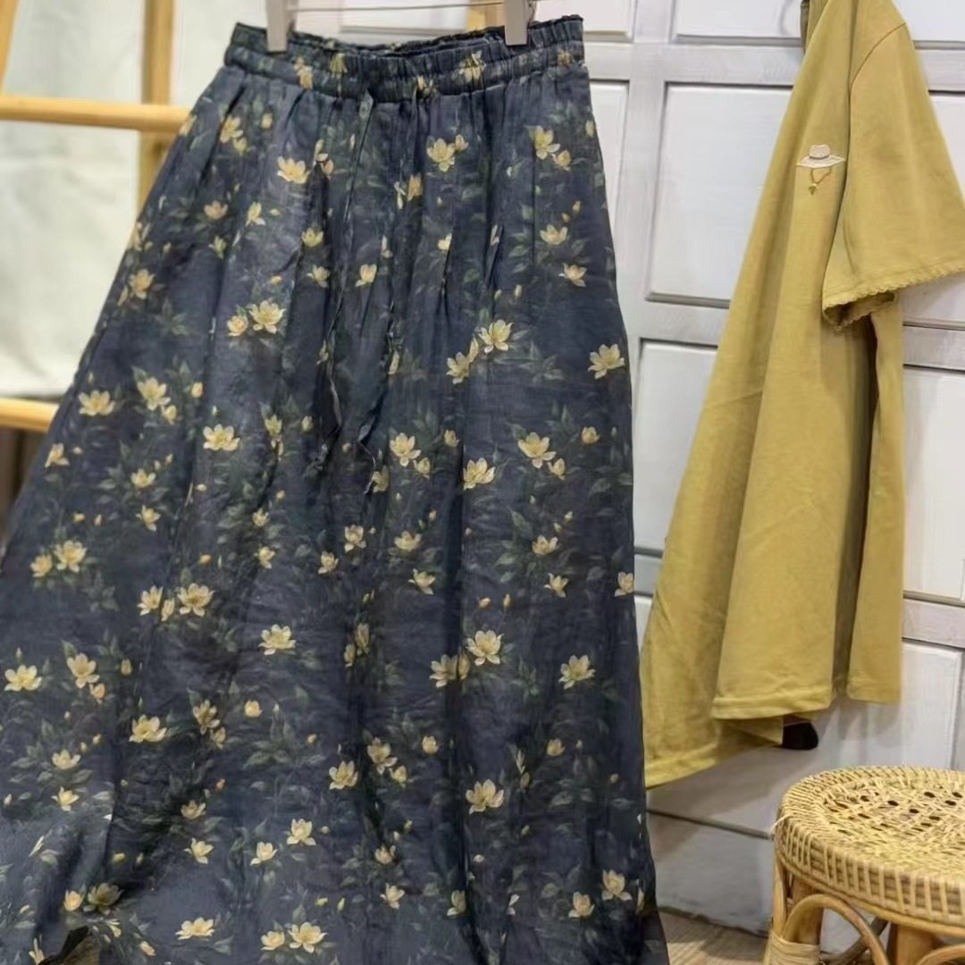 夏季碎花苎麻半身裙女 文艺复古宽松中长款A字裙中高腰舒适慵懒感