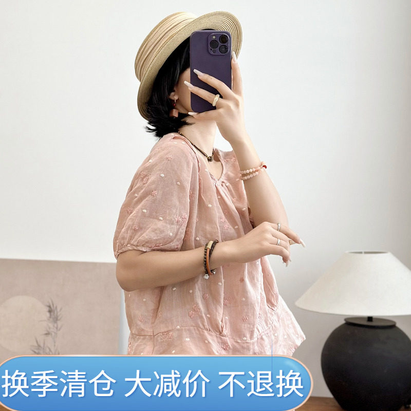 短袖设计感慵懒衬衫刺绣苎麻女
