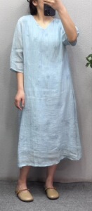 夏季新款文艺复古苎麻刺绣连衣裙女宽松气质显瘦中长款裙子麻料
