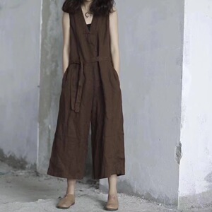 夏季新款亚麻连体裤优雅时尚纯色慵懒百搭腰带文艺范设计休闲舒适