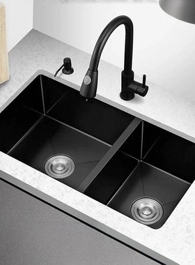 纳米黑色水槽双槽SUS304不锈钢洗菜盆家用嵌入式厨房手工台下水池