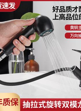 全铜主体抽拉菜盆水槽龙头冷热水可旋转伸缩矮款厨房黑色水龙头